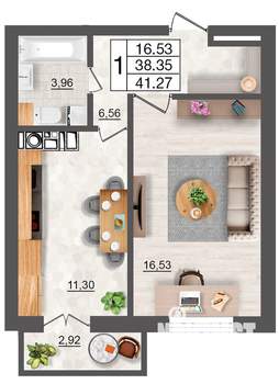1-к квартира, строящийся дом, 41м2, 3/10 этаж