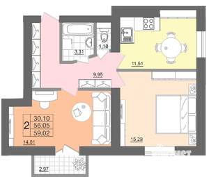 2-к квартира, строящийся дом, 59м2, 1/10 этаж