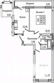 2-к квартира, строящийся дом, 71м2, 3/10 этаж