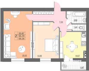 2-к квартира, строящийся дом, 59м2, 1/10 этаж