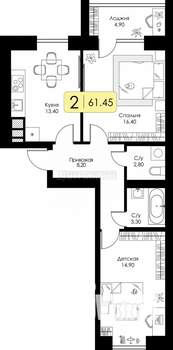 2-к квартира, вторичка, 61м2, 8/10 этаж