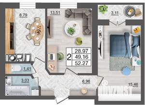 2-к квартира, строящийся дом, 52м2, 9/10 этаж