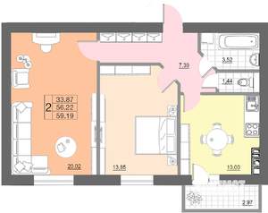 2-к квартира, строящийся дом, 59м2, 2/10 этаж
