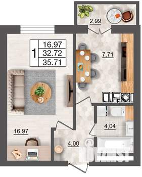 1-к квартира, строящийся дом, 36м2, 4/10 этаж