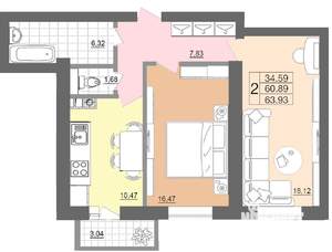 2-к квартира, строящийся дом, 64м2, 1/7 этаж