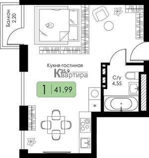 1-к квартира, вторичка, 42м2, 5/5 этаж
