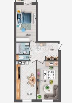 2-к квартира, вторичка, 64м2, 7/10 этаж