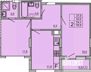 2-к квартира, строящийся дом, 56м2, 3/9 этаж