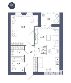 1-к квартира, строящийся дом, 54м2, 2/16 этаж