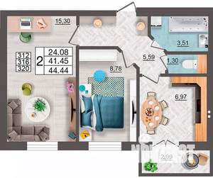 2-к квартира, строящийся дом, 44м2, 3/10 этаж