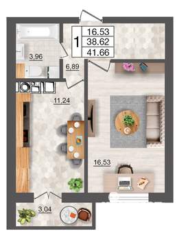 1-к квартира, строящийся дом, 42м2, 6/10 этаж