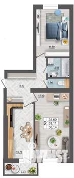 2-к квартира, строящийся дом, 56м2, 8/10 этаж