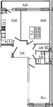 2-к квартира, вторичка, 66м2, 1/10 этаж