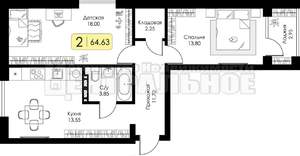 2-к квартира, вторичка, 65м2, 2/5 этаж