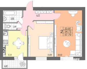 2-к квартира, строящийся дом, 58м2, 8/10 этаж