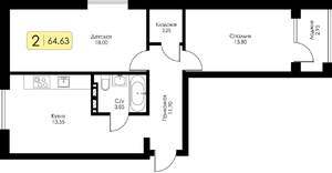 2-к квартира, строящийся дом, 65м2, 2/15 этаж