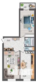 2-к квартира, вторичка, 64м2, 8/10 этаж