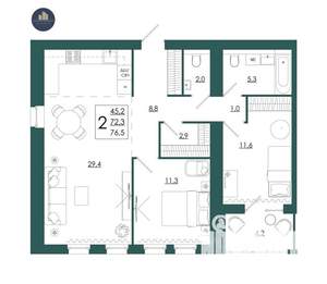 2-к квартира, строящийся дом, 77м2, 2/16 этаж