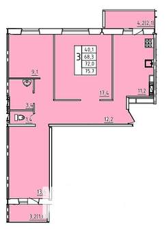 3-к квартира, строящийся дом, 72м2, 7/10 этаж