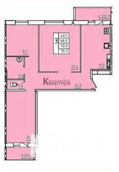 3-к квартира, вторичка, 72м2, 10/10 этаж