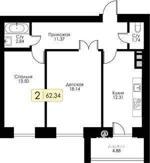 2-к квартира, строящийся дом, 62м2, 8/10 этаж