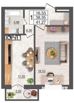 1-к квартира, строящийся дом, 41м2, 5/10 этаж