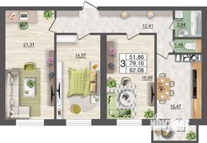 3-к квартира, строящийся дом, 82м2, 5/10 этаж