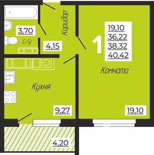 1-к квартира, строящийся дом, 40м2, 7/10 этаж