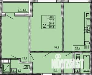 2-к квартира, строящийся дом, 60м2, 4/9 этаж
