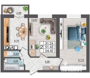 2-к квартира, строящийся дом, 54м2, 10/10 этаж