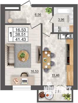 1-к квартира, строящийся дом, 41м2, 2/10 этаж