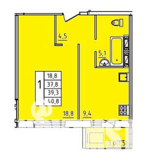 1-к квартира, строящийся дом, 39м2, 9/10 этаж