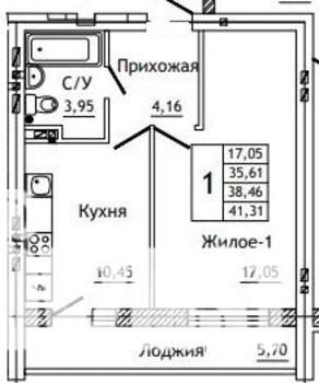 1-к квартира, строящийся дом, 41м2, 6/10 этаж