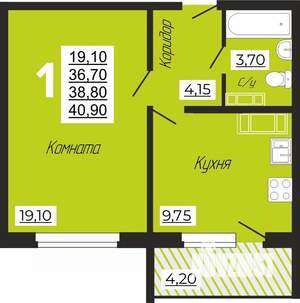 1-к квартира, строящийся дом, 41м2, 2/10 этаж