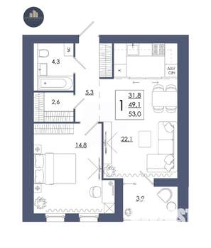 1-к квартира, строящийся дом, 53м2, 3/16 этаж