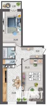2-к квартира, строящийся дом, 64м2, 6/10 этаж