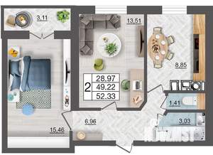 2-к квартира, строящийся дом, 52м2, 5/10 этаж