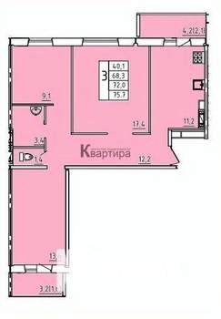 3-к квартира, вторичка, 72м2, 10/10 этаж