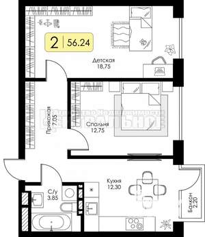 2-к квартира, вторичка, 56м2, 4/11 этаж