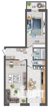 2-к квартира, строящийся дом, 64м2, 3/10 этаж