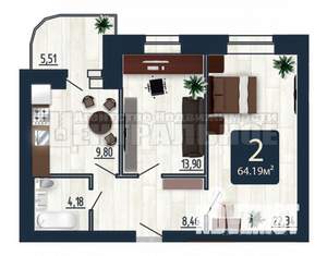 2-к квартира, вторичка, 64м2, 2/10 этаж