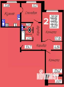 2-к квартира, строящийся дом, 74м2, 6/10 этаж