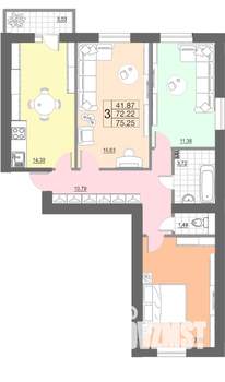 3-к квартира, строящийся дом, 75м2, 3/10 этаж