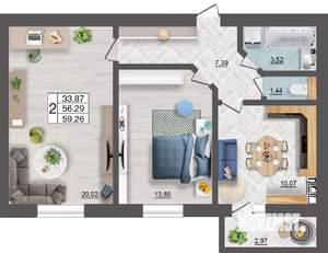 2-к квартира, строящийся дом, 59м2, 1/10 этаж