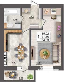 1-к квартира, строящийся дом, 35м2, 5/10 этаж