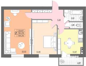 2-к квартира, строящийся дом, 59м2, 1/10 этаж
