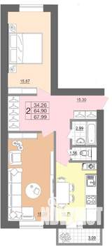 2-к квартира, строящийся дом, 68м2, 3/5 этаж
