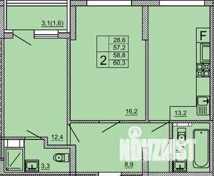 2-к квартира, строящийся дом, 60м2, 6/9 этаж