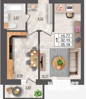 1-к квартира, вторичка, 35м2, 4/10 этаж