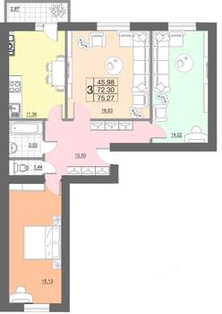 3-к квартира, строящийся дом, 75м2, 1/10 этаж
